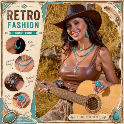 Ecally Bohemian Western Jewelry Turquoise Set Women Country Pendant Long Choker Layered Bracelets Earrings Ring for Women - color: Turquoise, style: Shiny