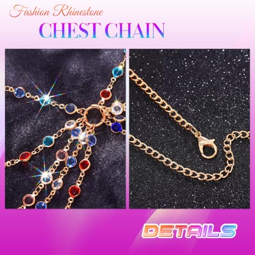 BODIY Rhinestone Chest Body Chain Gold Layered Chest Chains Summer Beach Bikini Bra Chain Colorful Body jewelry for Women