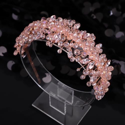 Octwine Vintage Bridal Gold Green Headpiece Handmade Wedding Headband Hair Vine Rhinestoens Headband Bridal Wedding Hair Accessories (Rose Gold, Width1.9inches) - color: Rose Gold