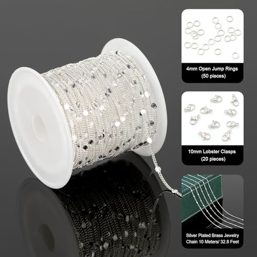 UMAOKANG 32.8 Feet Silver Chain for Women Necklace Bracelet DIY Jewelry Supplies Twist Curb Embossed Sequin Silver Plated Brass Chain Roll - color: Silver Embossed Sequin