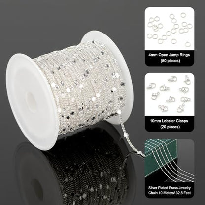 UMAOKANG 32.8 Feet Silver Chain for Women Necklace Bracelet DIY Jewelry Supplies Twist Curb Embossed Sequin Silver Plated Brass Chain Roll - color: Silver Embossed Sequin