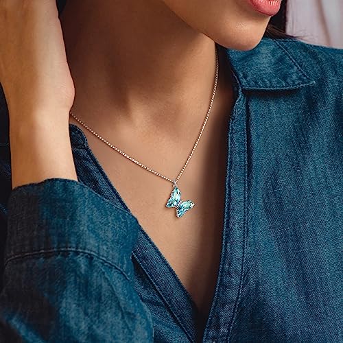 Aurora Tears Butterfly Necklace Earrings Ring Bracelet - Women 925 Sterling Silver Animal Butterflies Birthstone Pendant Crystal Wedding Birthday Jewelry - color: pendant-C.March-light blue