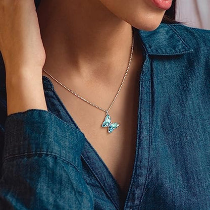 Aurora Tears Butterfly Necklace Earrings Ring Bracelet - Women 925 Sterling Silver Animal Butterflies Birthstone Pendant Crystal Wedding Birthday Jewelry - color: pendant-C.March-light blue