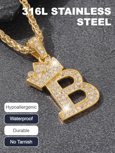 U7 Crown Initial Necklace Men Women, Bling Diamond A-Z 0-9 Letter Pendant with Wheat Chain, Silver/Black/Gold Plated CZ Alphabet Number Hip Hop Jersery for Father Husband - color: a. Gold, size: 13. M