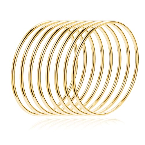 Fashion Shiny Thin Round Stainless Steel Bangle Bracelets for Women (1/3/5/8 Set) - style: Gold-8 Set