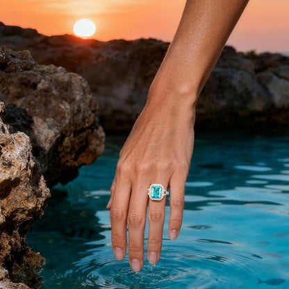 Moissa 8ct Sunset Glow Radiant Cut Halo Cocktail Ring for Women | 14K Gold Plated Tarnish-Resistant Silver Ring, 12x10mm Lab Zircon, Bold Statement Ring for Party, Engagement & Anniversary - color: Vivid Blue