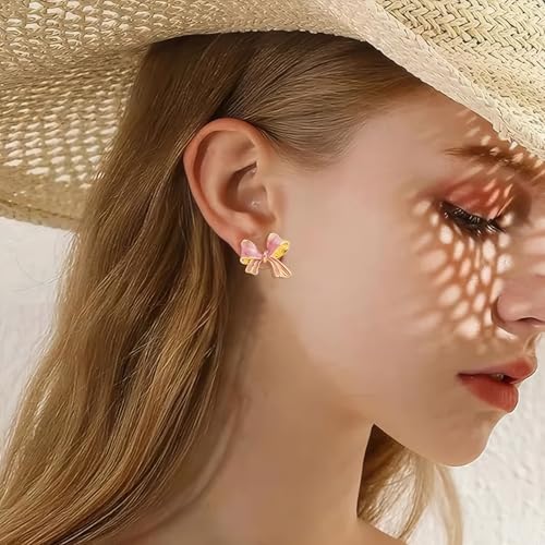 Gold Bow Earrings for Women, Long Tassel Chain Drop Earrings, Trendy Small Bow Earrings, Ribbon Waterfall Dangling Earrings, Pearl Bow Earrings, Sparkly Elegant Bowknot Preppy Jewelry Gifts for Women - color: Pink3-R