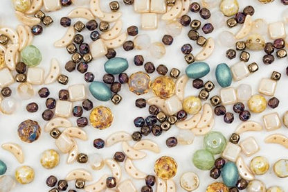 2.1oz (60 g) Mix of Unique Czech Bohemia Glass Pressed Beads, Matte and Glossy, Hand Made, Beige Blue Luster - color: Beige Blue Luster