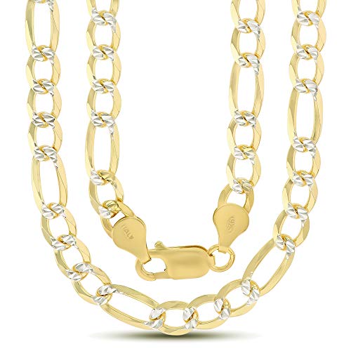 14K Gold or Rhodium Plated Silver Figaro Diamond Cut Pave Chain For Men | 1mm-13mm Thick | Solid 925 Figaro Italian Necklaces For Men - style: 5.80MM- Yellow & White