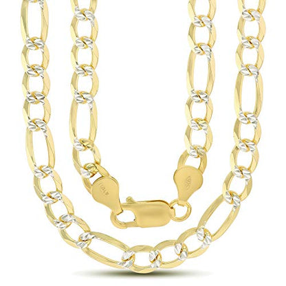 14K Gold or Rhodium Plated Silver Figaro Diamond Cut Pave Chain For Men | 1mm-13mm Thick | Solid 925 Figaro Italian Necklaces For Men - style: 5.80MM- Yellow & White