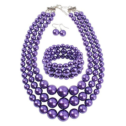 KOSMOS-LI Women's 3 Layer Simulated Pearl Statement 18" Necklace Bracelet and Earrings Jewelry Set Stocking Stuffers - color: purple