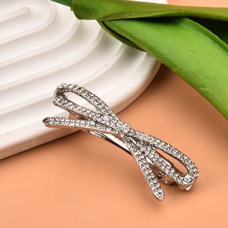Rhinestone Bow Hair Barrettes for Women Girls Sparkling Glittering Bow-Knot French Barrettes Silver Crystal Hair Clips Hairpins Hair Pin Ponytail Holders Bling Metal Hair Bow Clips Accessories - color: Rhinestone