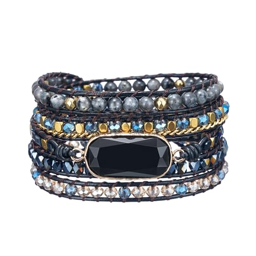 Plumiss Women Boho Handmade Natural Stone Crystal Leather Bead Wrap Bracelets Collection - style: Black Onxy-Ne