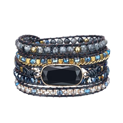 Plumiss Women Boho Handmade Natural Stone Crystal Leather Bead Wrap Bracelets Collection - style: Black Onxy-Ne
