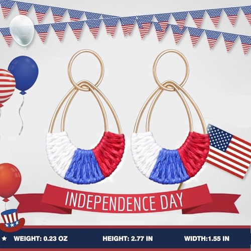 Raffia Hoop Earrings for Women Fun Boho Summer Beach Earrings Lightweight Handmade Straw Wicker Rattan Dangle Earrings Statement Geometric Round Drop Earrings - color: 4th of July Earrings - Teardrop