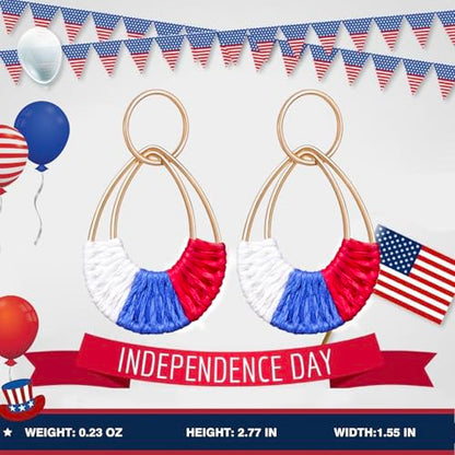 Raffia Hoop Earrings for Women Fun Boho Summer Beach Earrings Lightweight Handmade Straw Wicker Rattan Dangle Earrings Statement Geometric Round Drop Earrings - color: 4th of July Earrings - Teardrop
