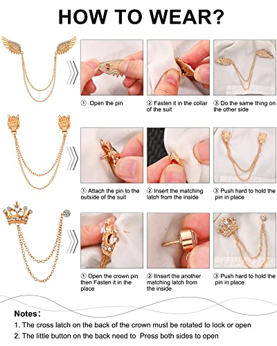 6 Pieces Men's Tassel Chain Brooch Collar Pins Wedding Brooches Collar Pins Wings Wolf Head Crown Lapel Suit Shirt Tuxedo Accessories for Wedding Anniversary Birthday Party Gift Business Office