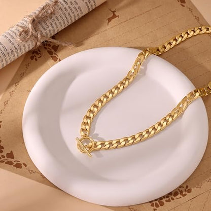 CHESKY 14K Gold Plated Chunky Necklace for Women, Trendy Toggle Clasp | Statement Pendant Necklace, Layered Paperclip Chain, Toggle Clasp Design, Thick Gold Chain, Non Tarnish Everyday Jewelry - color: gold, style: cuban