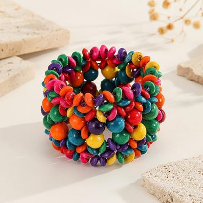 Handmade Wooden Bead Bohemian Elastic Stretch Bracelet Colorful Flower Pattern Design for Women Summer Beach Holiday Jewelry Lightweight - color: colorful