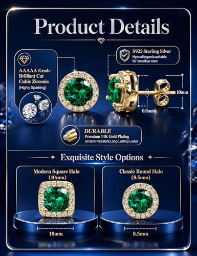 2 Pairs S925 Sterling Silver Stud Earrings for Women Halo Cubic Zirconia | 14K Gold Plated Hypoallergenic Non Tarnish Round Square Silver Stud Earring for Women Men Dainty Trendy Jewelry - style: Gold-Green Stone