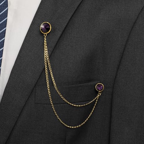 HAWSON Birthstone Brooch Pin for Men with Hanging Chain & Crystal, Mens Gold Tone Lapel Pin for Wedding/Birthday/Party Dress Suits Accessories - color: February Amethyst
