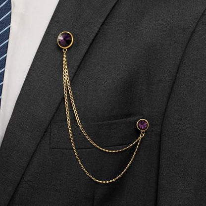 HAWSON Birthstone Brooch Pin for Men with Hanging Chain & Crystal, Mens Gold Tone Lapel Pin for Wedding/Birthday/Party Dress Suits Accessories - color: February Amethyst