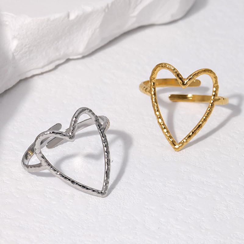 Hollow Heart Titanium Steel Ring for Women Open heart shaped stainless steel ring Irregular Hammered Heart Adjustable index finger Ring - color: silver