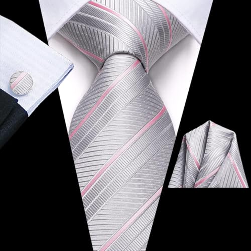 Dubulle Mens Paisley Striped Tie Woven Necktie for Men and Handkerchief Cufflinks Set Wedding Formal Business - color: B Grey Pink