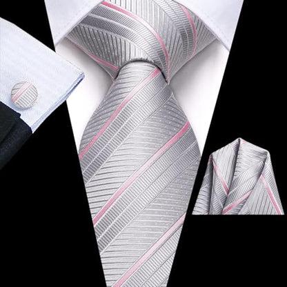 Dubulle Mens Paisley Striped Tie Woven Necktie for Men and Handkerchief Cufflinks Set Wedding Formal Business - color: B Grey Pink
