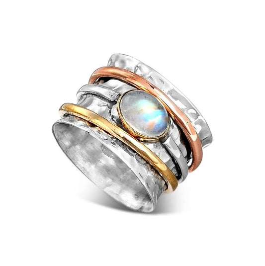 925 Sterling Silver Spinner Moonstone Ring for Women with Three Tone Fidget Rings Hammered Band Anxiety Free Meditation Ring Best Gift