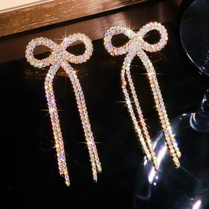 Rhinestone Earrings Dangling for Women Sparkly Silver Dangle Earrings Girls Long Chandelier Earrings Tassel Lightweight Ear Studs Cubic Zirconia (KE001S-W) - color: Bow 516286GL-WAB