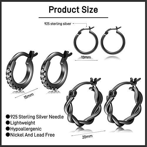 PABBEU 925 Sterling Silver Small Hoop Earrings Set for Women Hypoallergenic | 3Pairs Cubic Zirconia Small Huggie Hoop Earrings Set 13/15/20mm,Nickel-Free Lightweight Comfortable Sleeper Earrings Gift Set - color: 13/15/20mm HMT Black