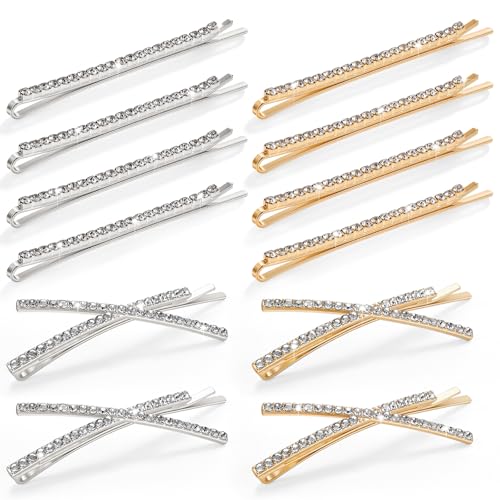 SUMAJU 12Pcs Diamond Bobby Pins Rhinestone Hair Clip Decorative Gold/Silver | 2.4-in Straight & X-Shaped Metal Barrettes for Women Girls, Hair Pins for Prom Bridal Wedding Accessories Gifts Styling - color: Silver, Gold