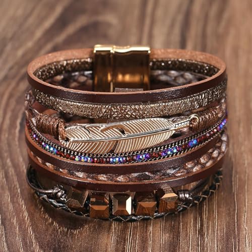 Fesciory Leather Wrap Bracelet for Women, Boho Western Layered Cuff Jewelry | Stackable Bracelets, Easy-On Clasp, Daily Wear, Pairs with Boho Western Outfits, Gift for Women - color: Brown3