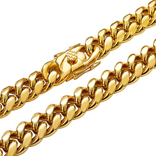 Mens 18k Gold Plated Stainless Steel Hip Hop Cuban Curb Link Chain Necklace