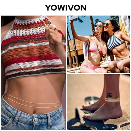 Yowivon Waist Chain for Women, 14K Gold Plated Body Chain, Dainty Cuban Layered Belly Beads Chains, Waterproof Adjustable Sexy Bikini Beach Jewelry Accessories Daily Belts Gifts - style: 2Pcs-Plain