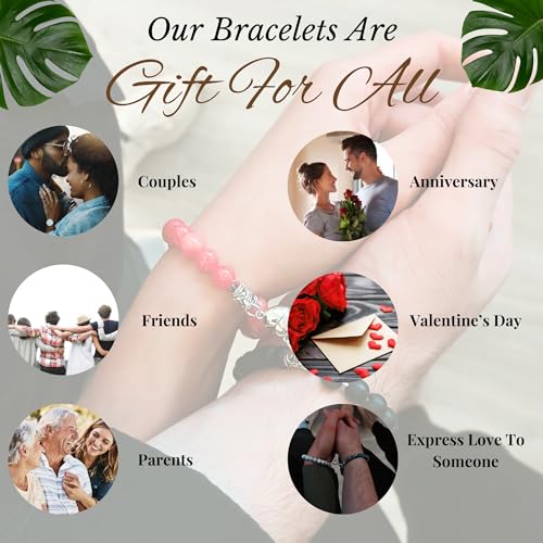 Set Of 2 Couples Bracelet Magnetic Healing Natural Bead Stone Stretch Bracelet Unisex Anniversary, Friendship, Valentine, Christmas Gift - color: Black+Pink, style: With Luxury Giftbox