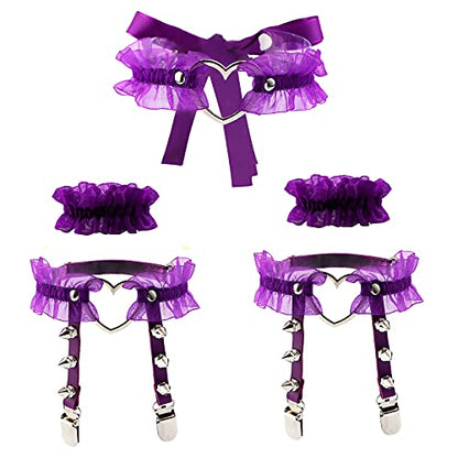 Eigso Velvet Gothic Garter for Women Heart Leg Ring with Rivets Elastic Lace Bracelets Choker Set - color: Purple