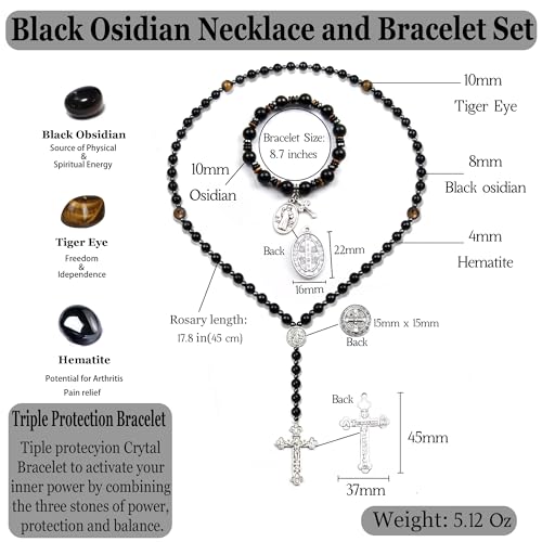 Rosary for Men Women, Natural Stone Beads with St. Benedict Bracelet | 8 mm Natural Stone Prayer Beads with 10 mm Accent Beads, St. Benedict Crucifix, Matching Bracelet, Gift Box and Pouch. - color: Obsidian