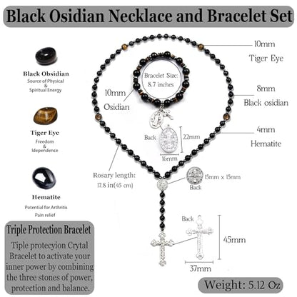 Rosary for Men Women, Natural Stone Beads with St. Benedict Bracelet | 8 mm Natural Stone Prayer Beads with 10 mm Accent Beads, St. Benedict Crucifix, Matching Bracelet, Gift Box and Pouch. - color: Obsidian