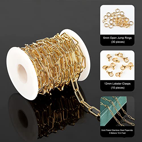 Gold Plated Paperclip Chain Necklace for Women and Men, Stainless Steel Link Chain Bulks with Jump Rings and Lobster Clasps Jewelry Making Supplies - color: Gold Paperclip_17x7mm