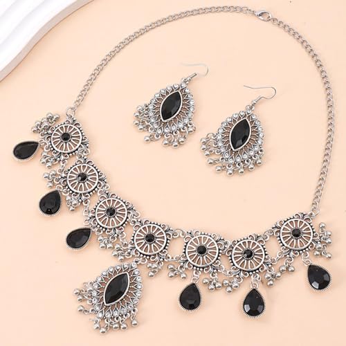 Frodete Indian Jewelry Sets for Women Traditional Bohemian Wedding Jewelry Set Indian Dresses for Women Oxidized Ethnic Party Prom Wear - color: D4:SILVER BLACK