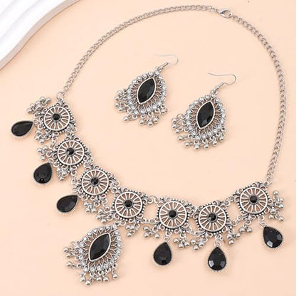 Frodete Indian Jewelry Sets for Women Traditional Bohemian Wedding Jewelry Set Indian Dresses for Women Oxidized Ethnic Party Prom Wear - color: D4:SILVER BLACK