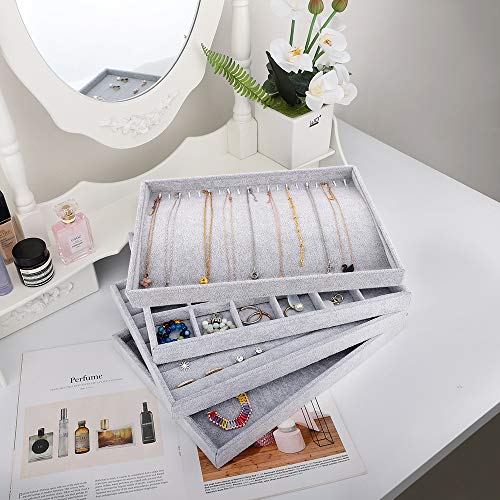 Emibele Necklace Tray Jewelry Organizer, 20 Hooks Stackable Velvet Tray | Necklace Organizer Jewelry Storage Showcase Display Tray for Necklace Pendant Bracelet with Detachable Inner Dividers, Grey - style: F1- twenty Hooks