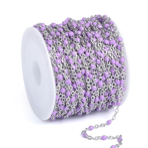 33FT 2mm Stainless Steel Purple Enamel Link Chains Bulk for Jewelry Making | 304 Stainless Steel Enamel Beaded Cable Chains Roll Spool for Necklace Bracelet Craft - color: Stainless Steel Purple Beads