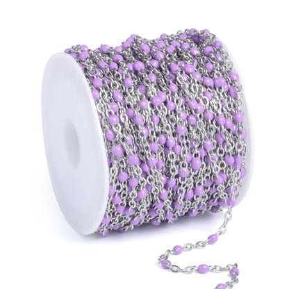33FT 2mm Stainless Steel Purple Enamel Link Chains Bulk for Jewelry Making | 304 Stainless Steel Enamel Beaded Cable Chains Roll Spool for Necklace Bracelet Craft - color: Stainless Steel Purple Beads