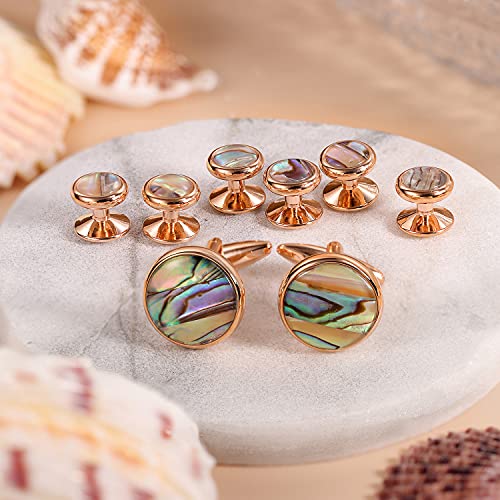 HAWSON Cufflinks and Tuxedo Studs Set for Men with Gift Box, Mother-of-Pearl Cuff links for French Cuff Shirt and Dress Shirt, Suitable for Wedding, Birthday, Party - style: Rose Gold & Abalone Shell