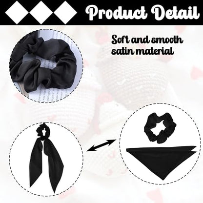 Mabor 2 Pcs Knotted Bow Satin Hair Scarf Scrunchies with Tail Hair Scrunchies Elastic Hair Scarf Ribbon Ponytail Holder for Women and Girls (Black)