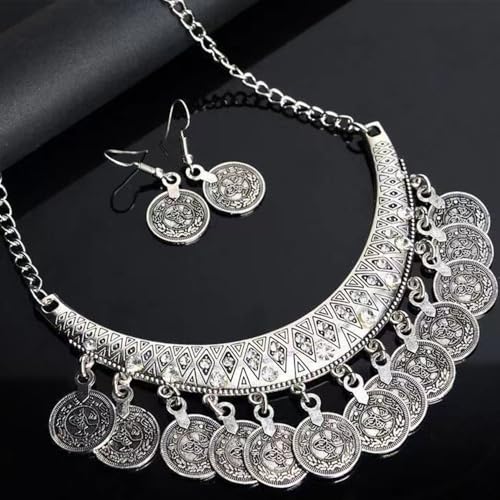 Chunky Coin Necklace Earrings Set,Bohemia Plated Gold Coin Tassel Personalized Choker Earrings,Ethnic Gypsy Statement Jewelry Set for Women - color: Silver