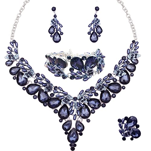 Jewelry Set for Women, Statement Necklace Dangle Earrings Bracelet Ring, White/KC Gold Plated Jewelry Set with Rhinestone Pearl Crystal Wedding Party Jewelry for Bridal Bridesmaid - color: Deep Blue-Platinum Plated